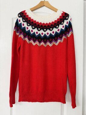 Old Navy • Red Fair Isle Gold Sequin Crewneck Sweater Medium